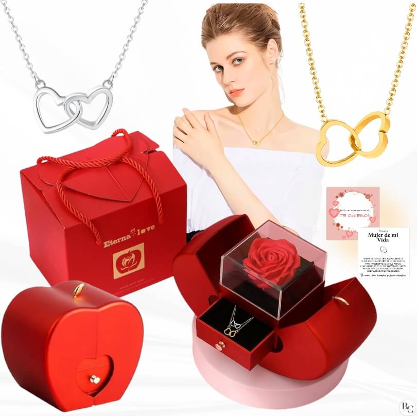 💖Pack Rosa Eterna: 2 Collares ➕ Tarjeta Dedicatoria ➕ Joya Sorpresa