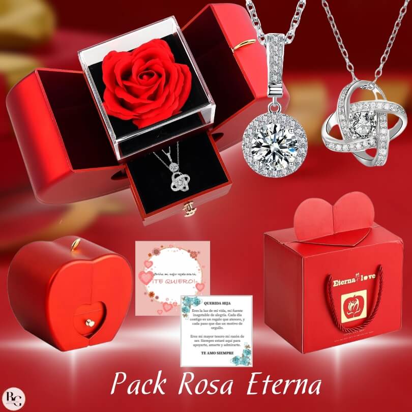 💖Pack Rosa Eterna: 2 Collares ➕ Tarjeta Dedicatoria ➕ Joya Sorpresa