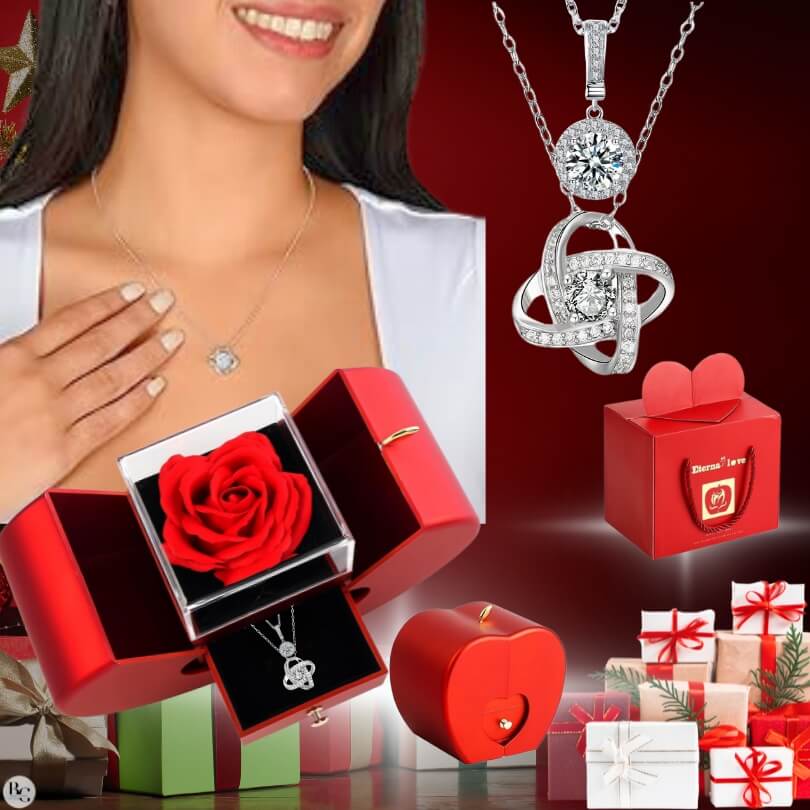 💖Pack Rosa Eterna: 2 Collares ➕ Tarjeta Dedicatoria ➕ Joya Sorpresa