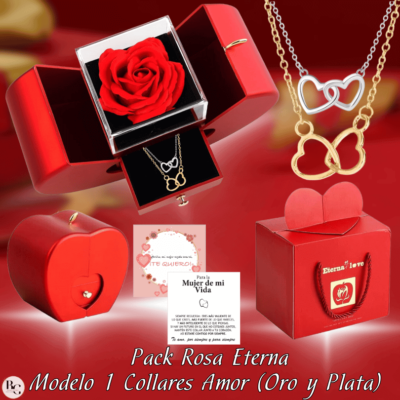 💖Pack Rosa Eterna: 2 Collares ➕ Tarjeta Dedicatoria ➕ Joya Sorpresa